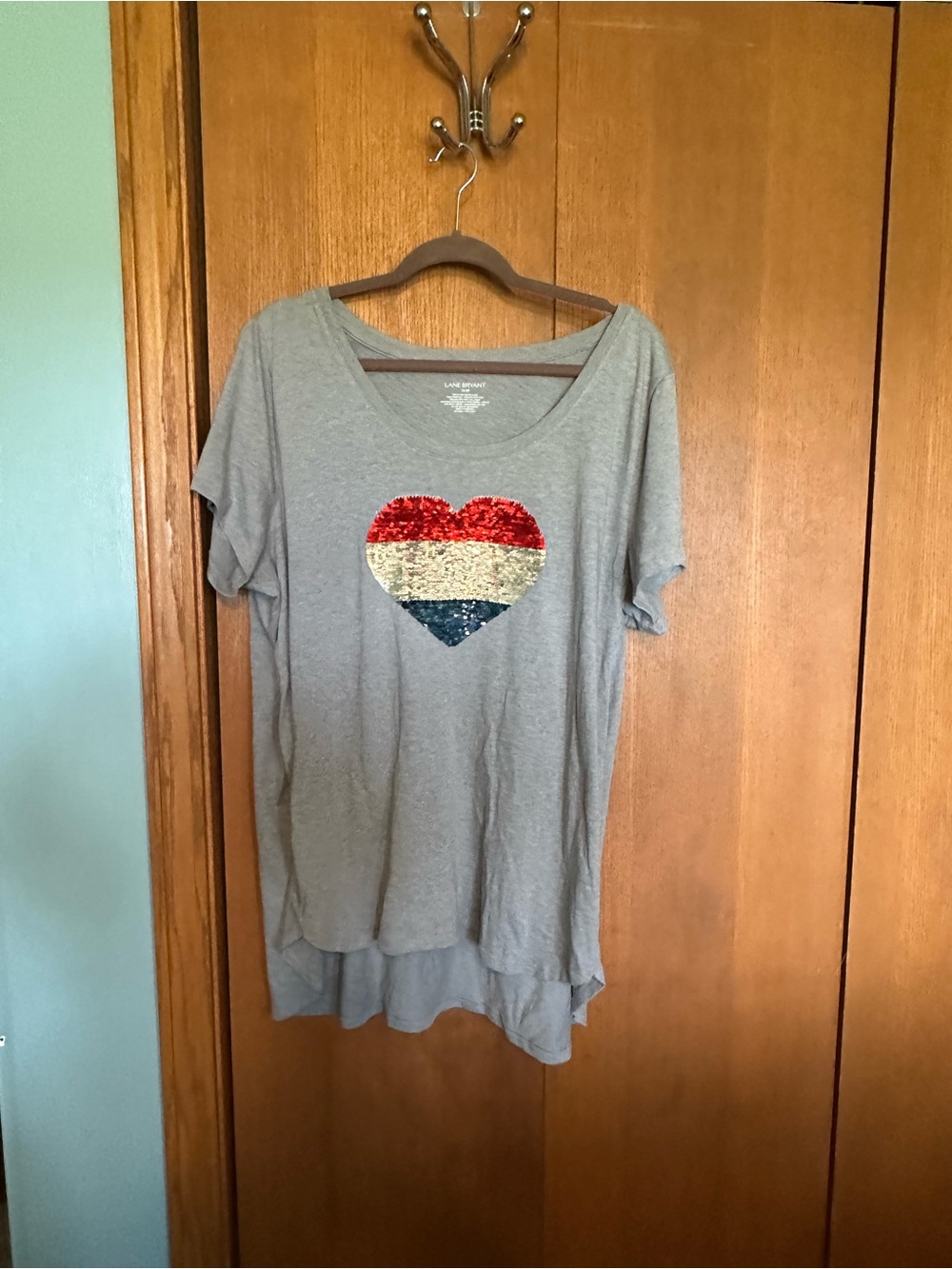 Lane Bryant Gray Short Sleeve Tee with Red-White-Blue Sequin Heart